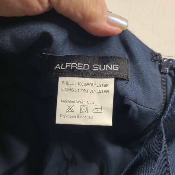Alfred Sung D706 midnight blue hi-low satinl open back dress Size 6 Wedding - Picture 14 of 15